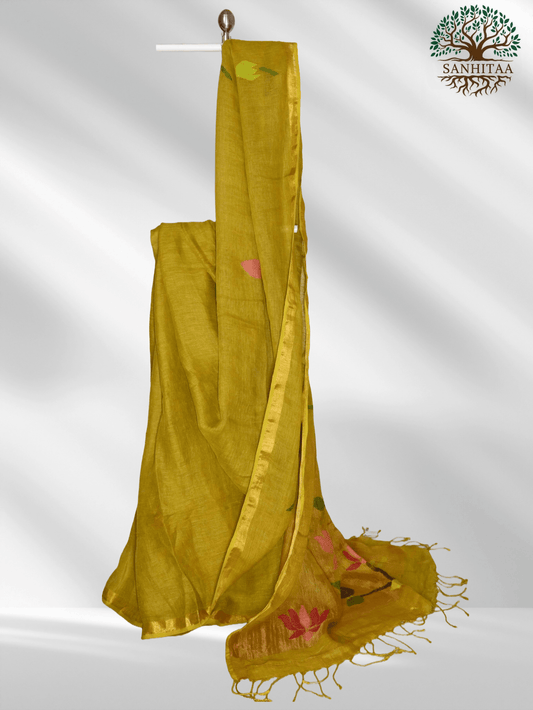 Olive Silk Linen Paithani