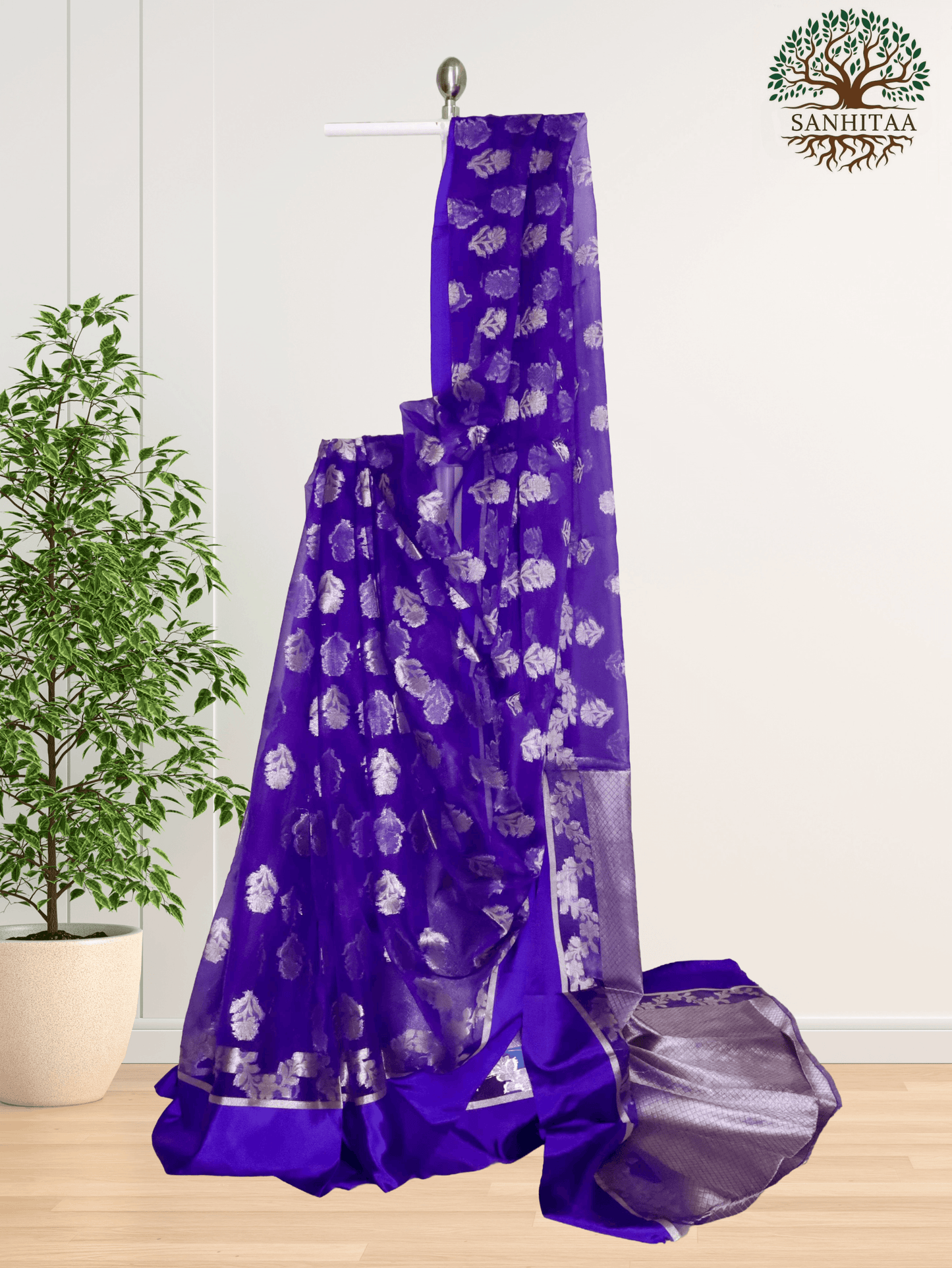 Royal Blue with Silver Motifs Chiffon Benarasi