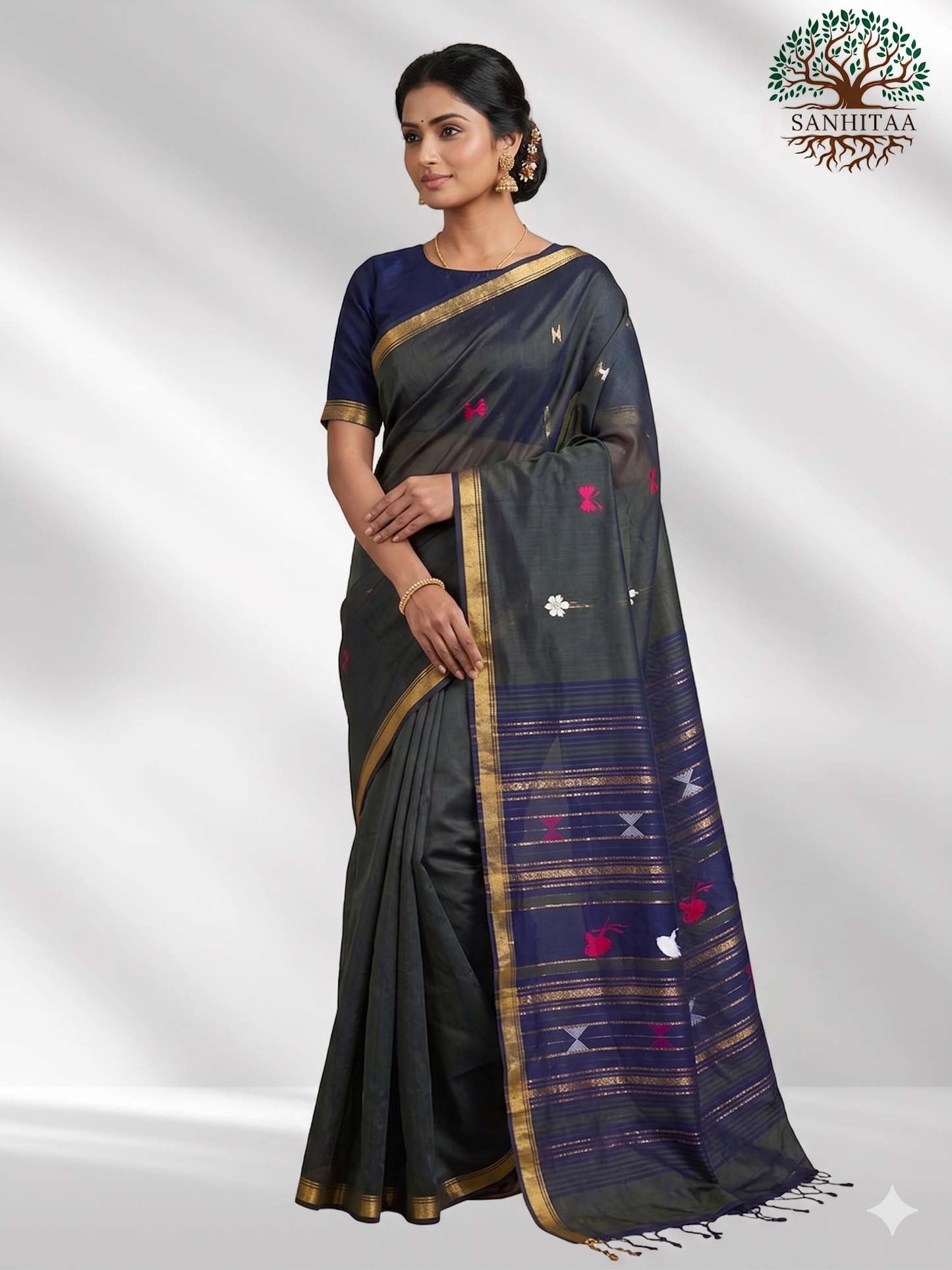 Blackish Green Body with Navy Blue Cotton Bhujodi