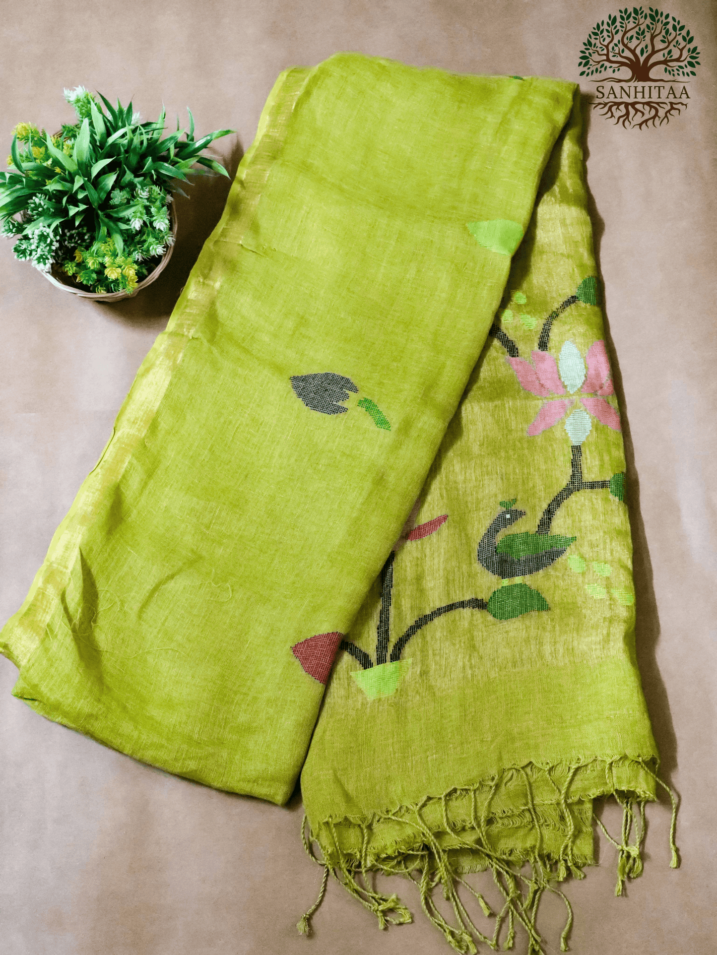 Olive Silk Linen Paithani