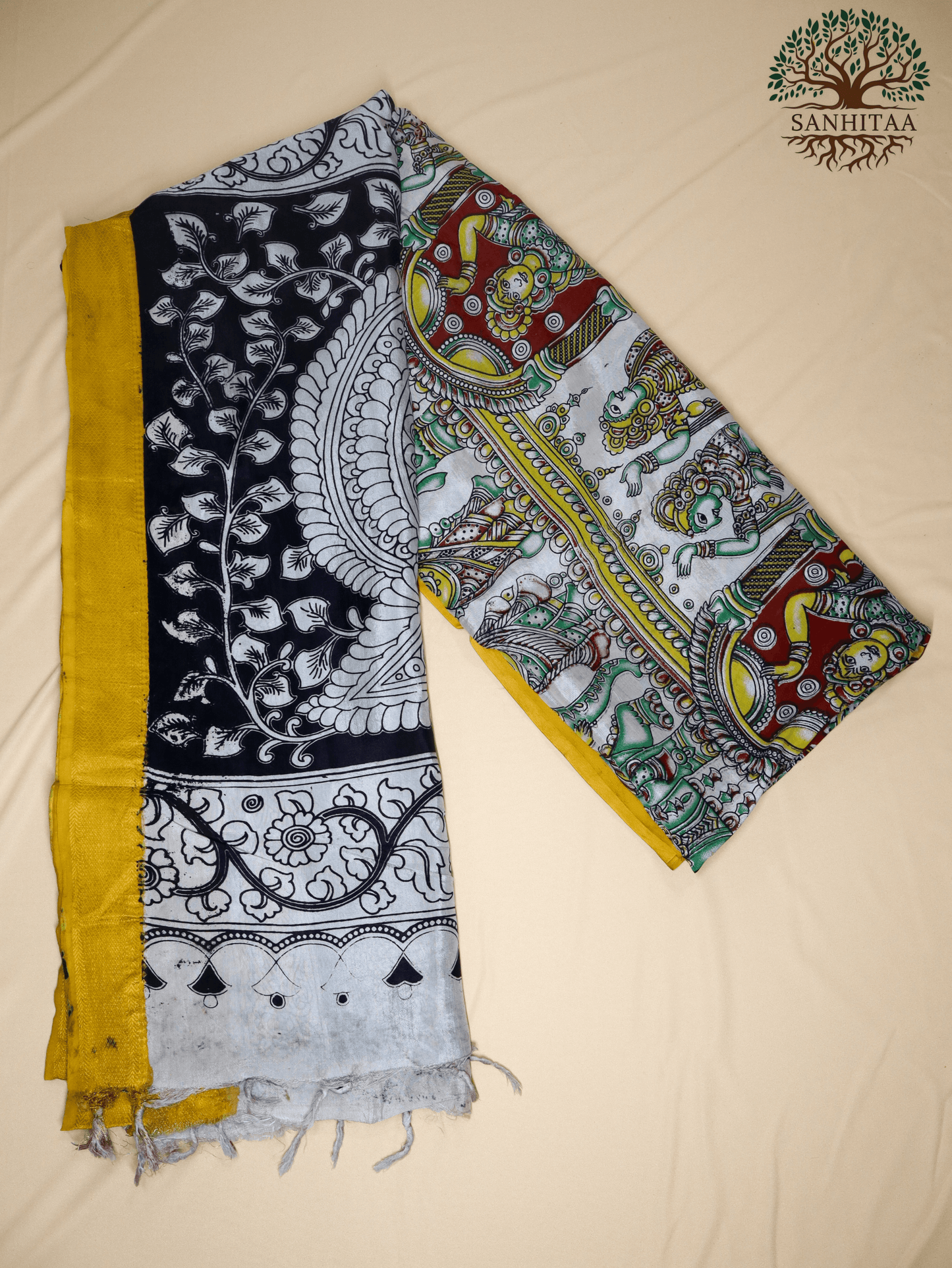 off-white base accented with vibrant yellow borders Chennuri Silk