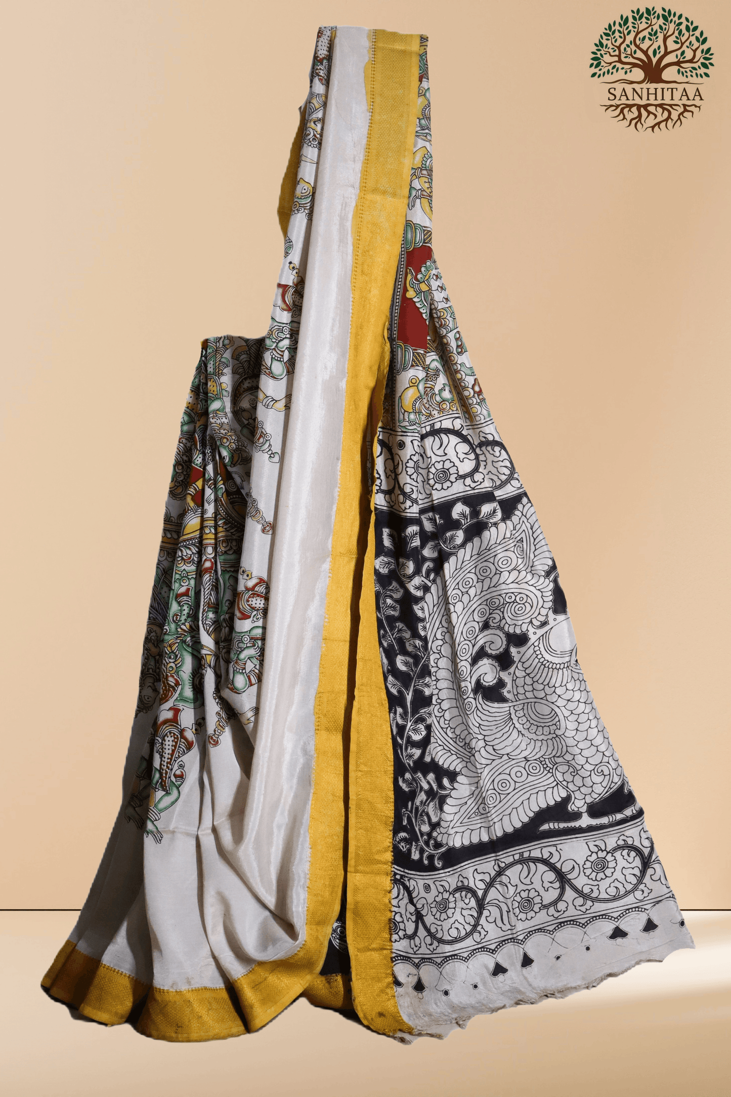 off-white base accented with vibrant yellow borders Chennuri Silk