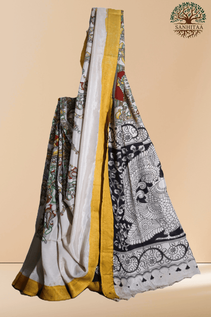 off-white base accented with vibrant yellow borders Chennuri Silk