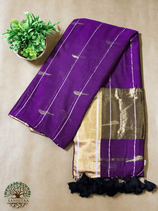 deep purple saree with gold zari work Parrot Motifs all over