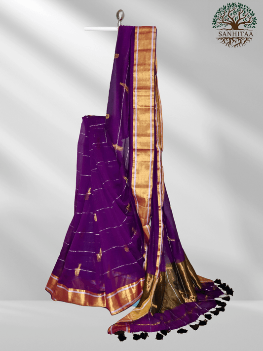 deep purple saree with gold zari work Parrot Motifs all over