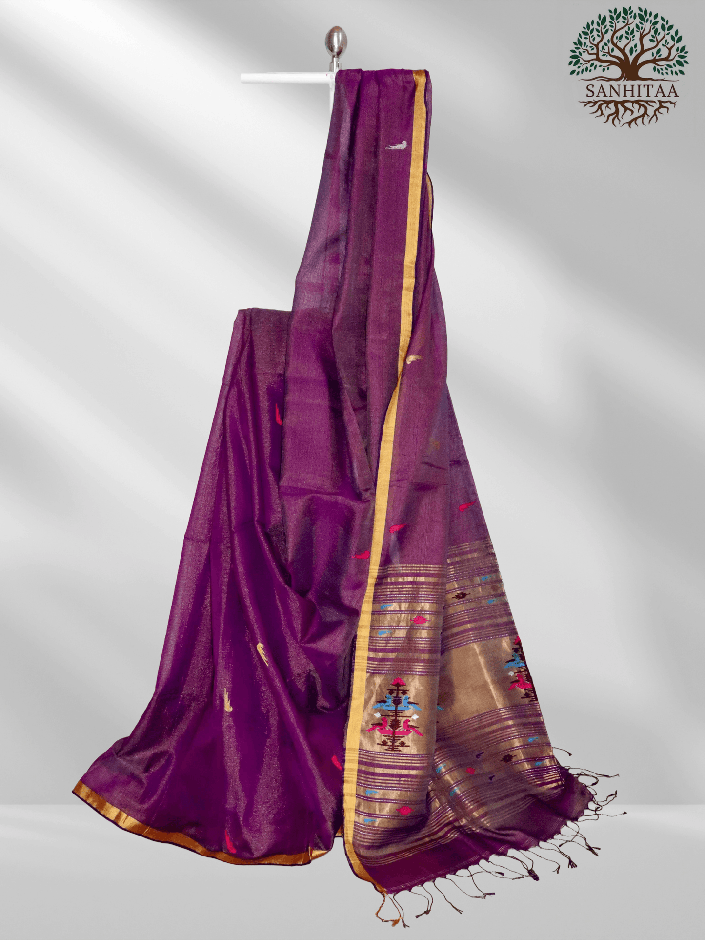 Deep plum purple Cotton Tissue Paithani