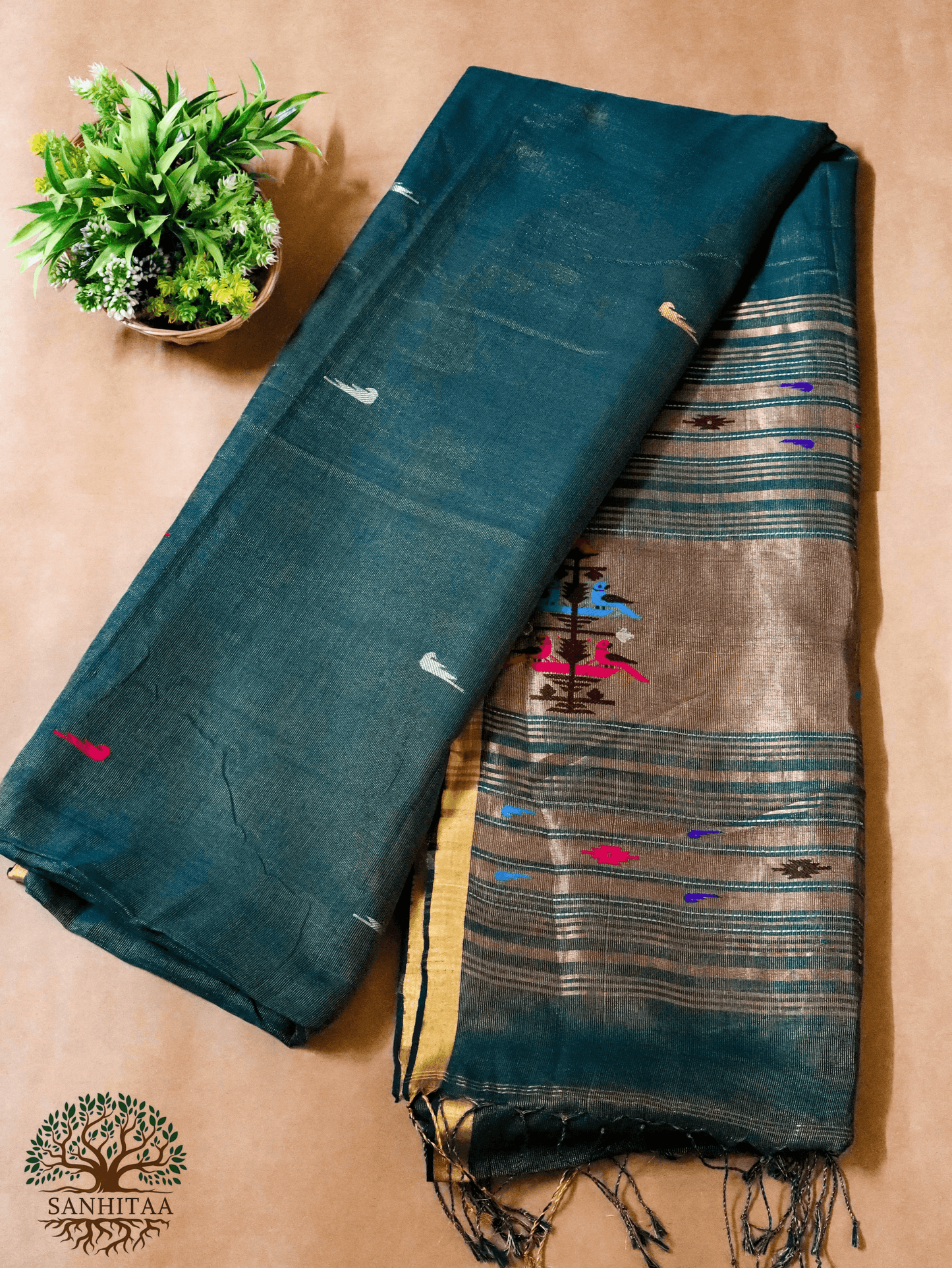 deep teal green Cotton Tissue Paithani
