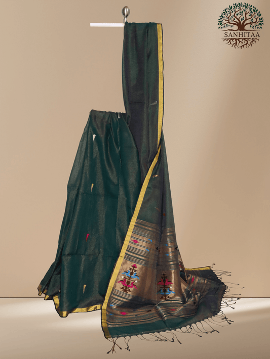 deep teal green Cotton Tissue Paithani