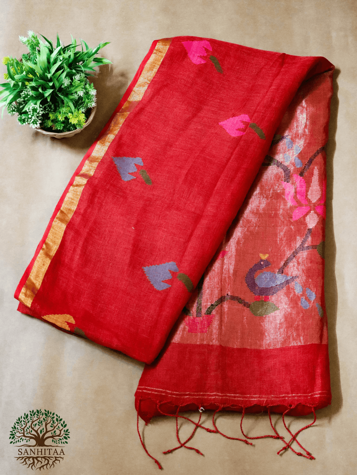 Rust Red Linen by Linen Paithani