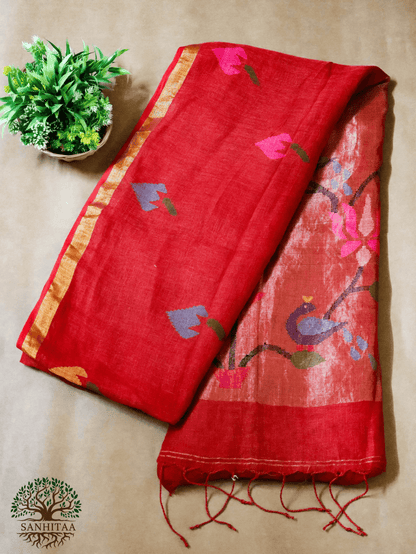 Rust Red Linen by Linen Paithani