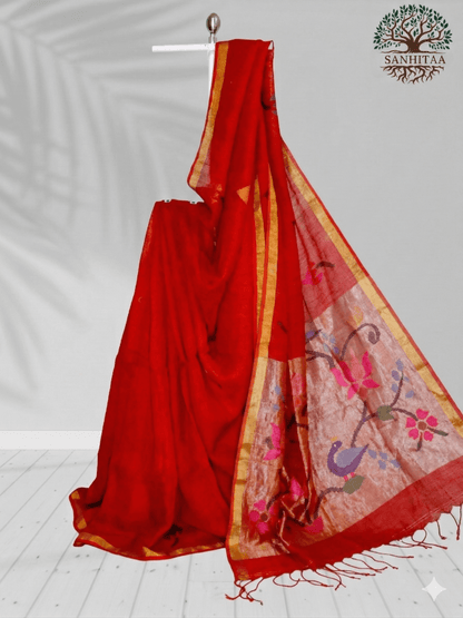Rust Red Linen by Linen Paithani