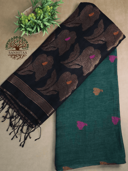 Dark Green Linen Ikkat