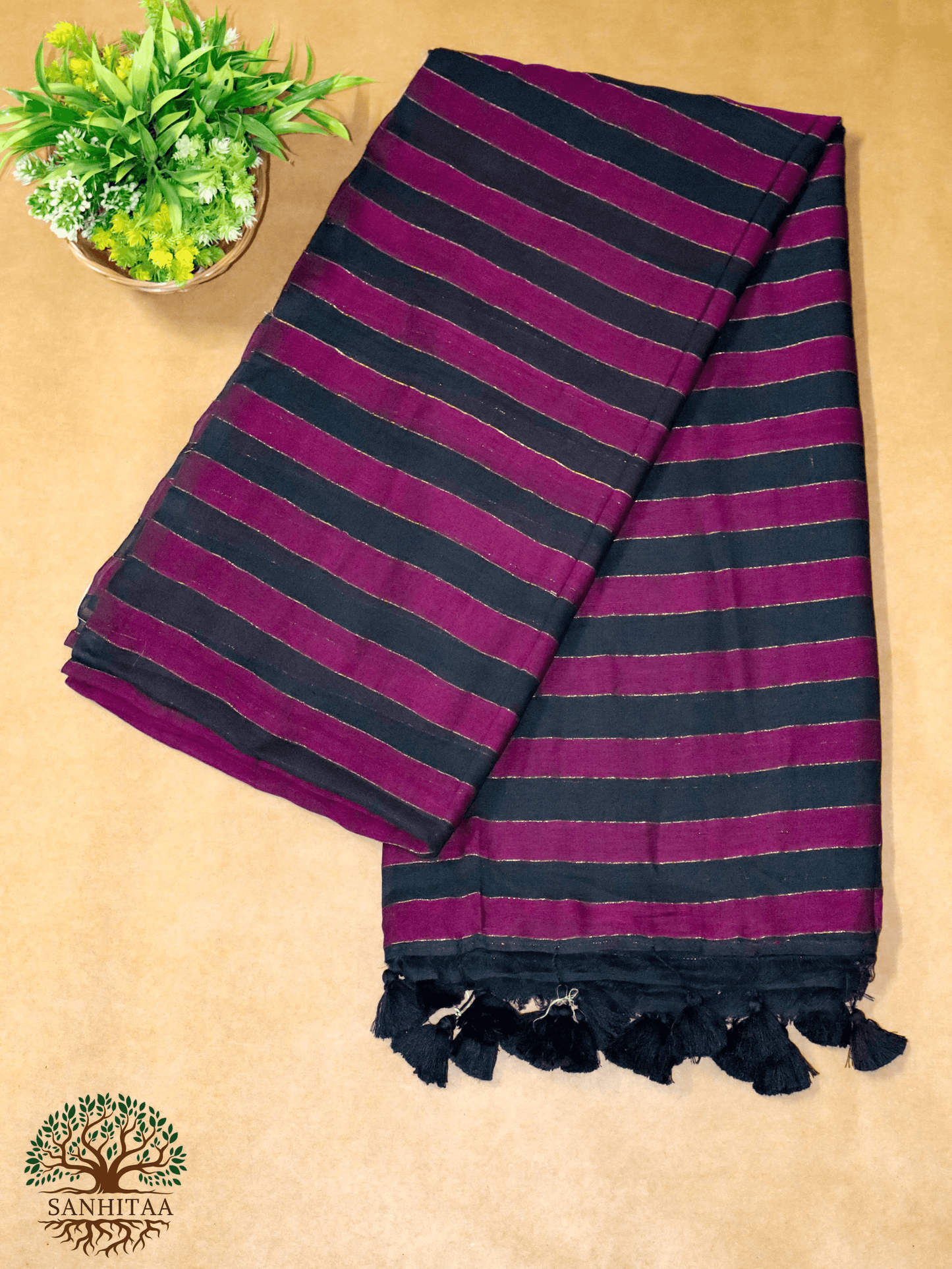 horizontal stripes in black and a rich wine Mul Cotton with Panels