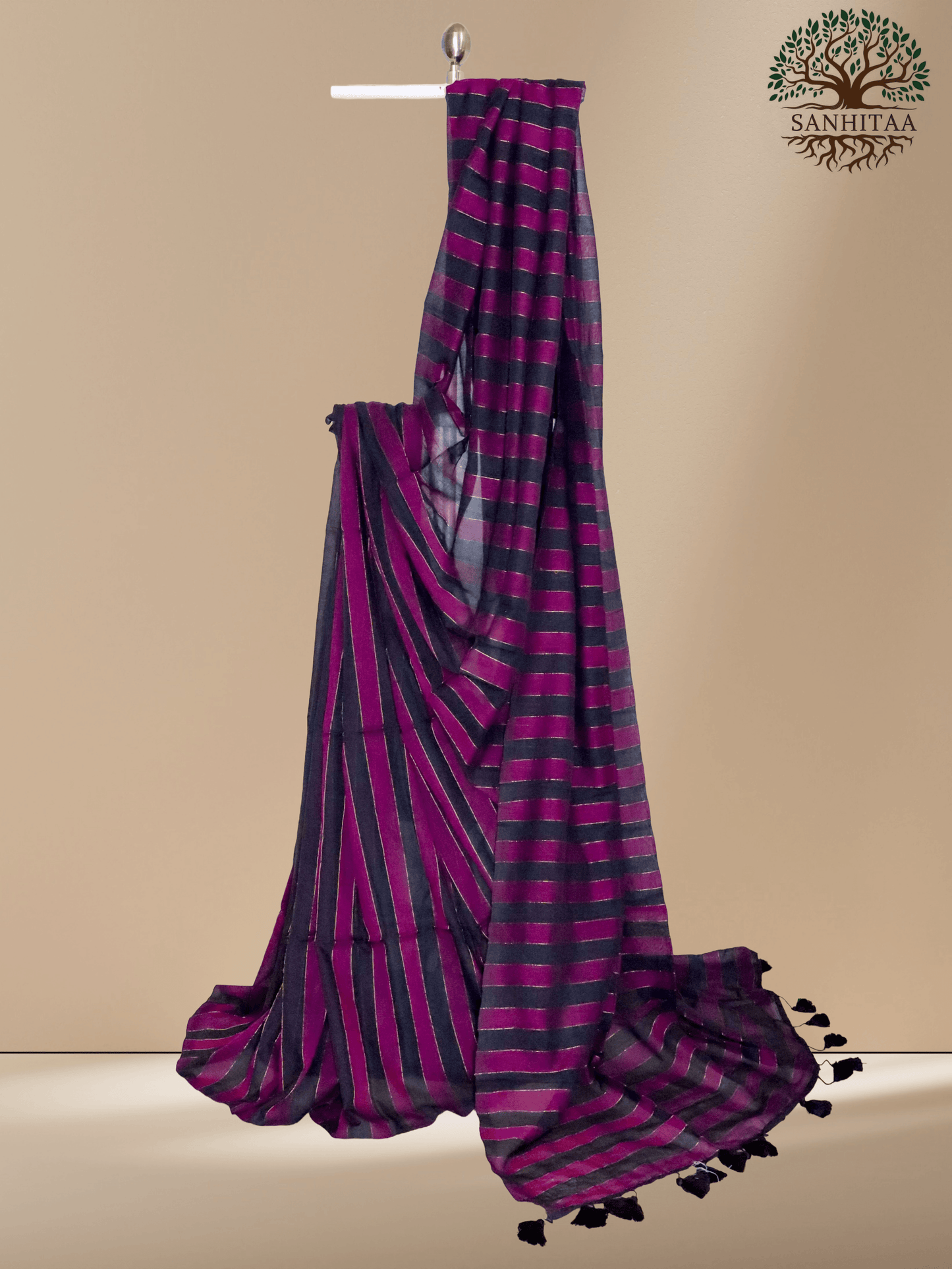 horizontal stripes in black and a rich wine Mul Cotton with Panels