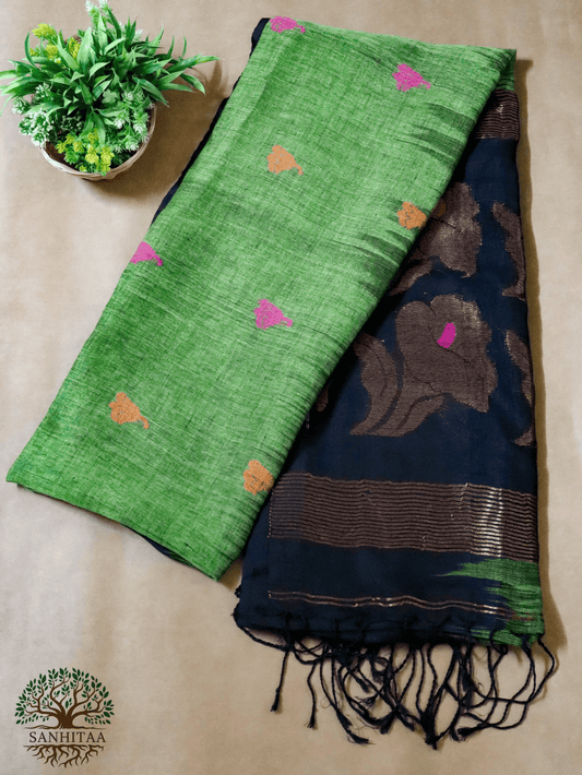 Deep Bottle Green Linen Ikkat