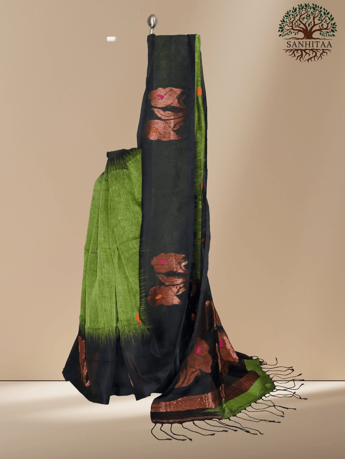 Deep Bottle Green Linen Ikkat