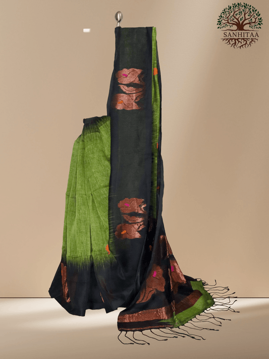 Deep Bottle Green Linen Ikkat