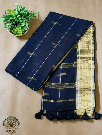 deep Black saree with gold zari work Parrot Motifs all over