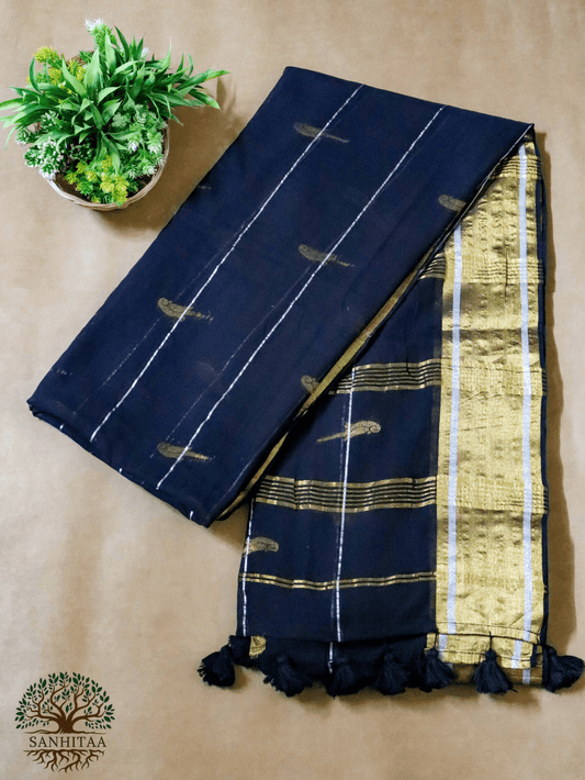 deep Black saree with gold zari work Parrot Motifs all over