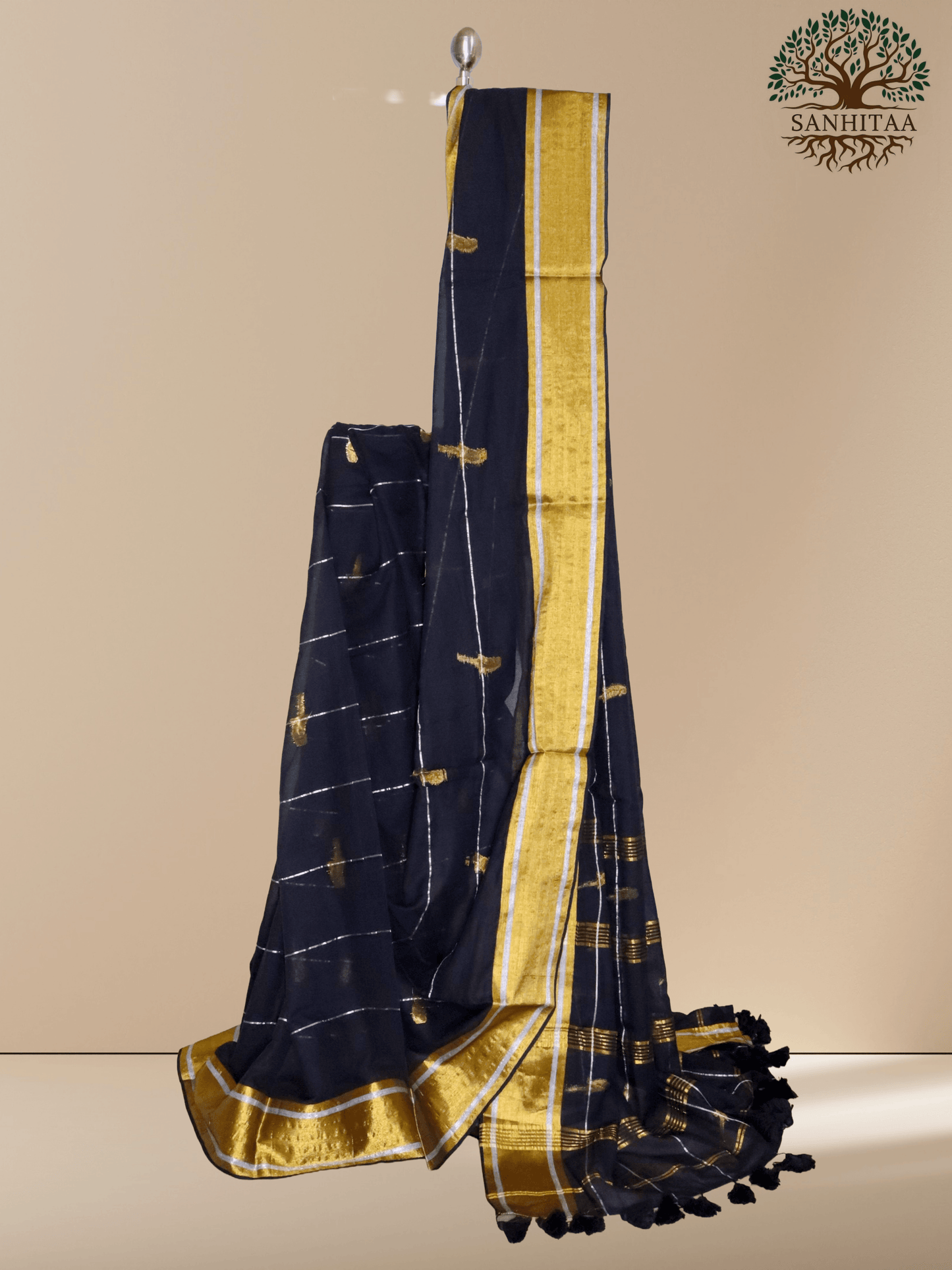 deep Black saree with gold zari work Parrot Motifs all over