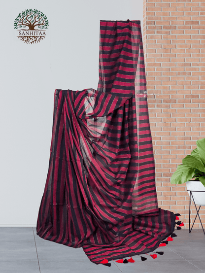 horizontal stripes in black and a Wine Mul Cotton with Panels