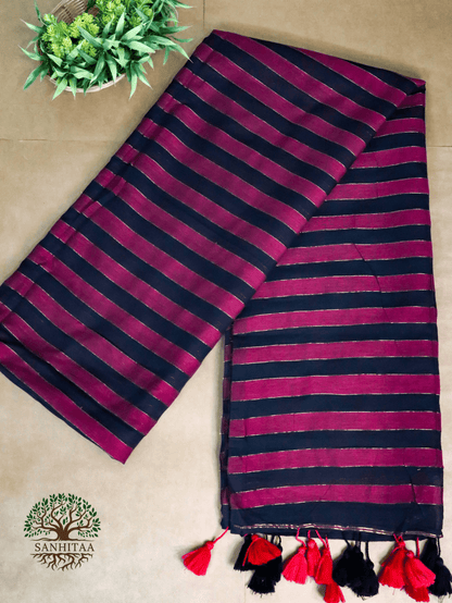 horizontal stripes in black and a Wine Mul Cotton with Panels