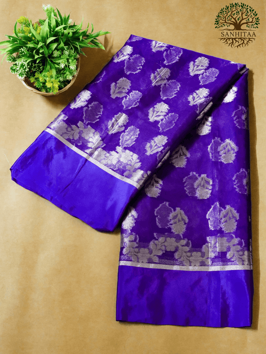 Royal Blue with Silver Motifs Chiffon Benarasi