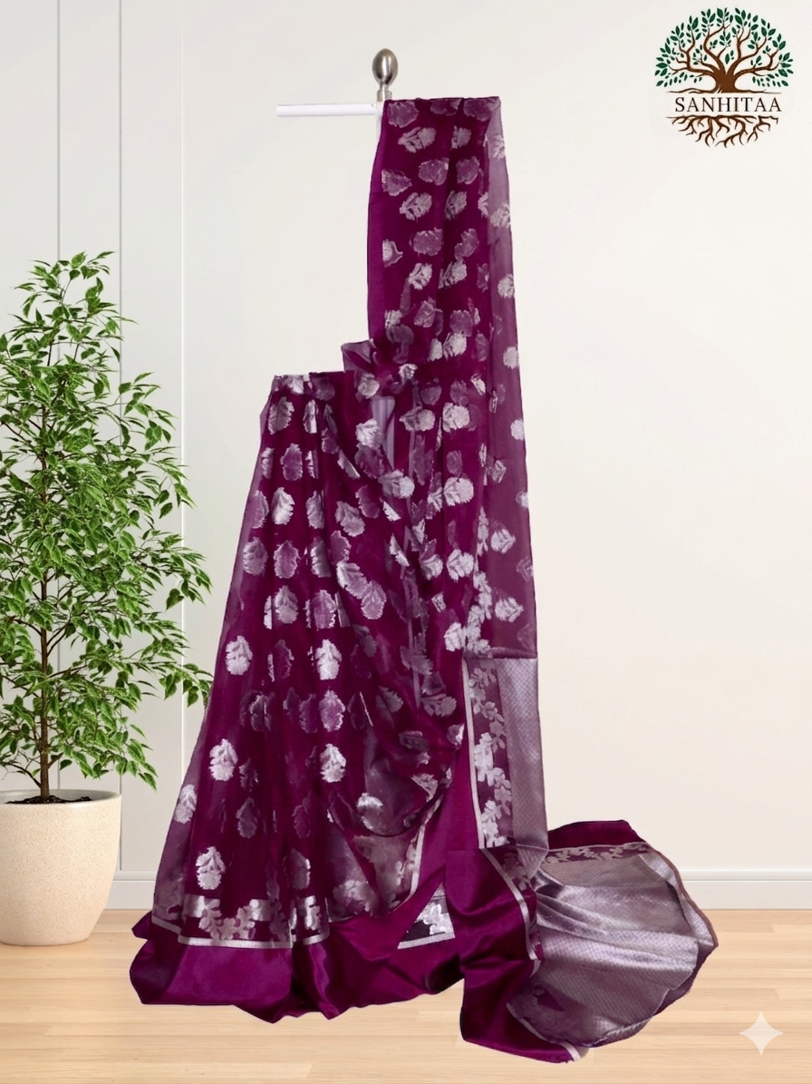 Wine colour Saree with Silver & Golden Motifs Benarasi Chiffon