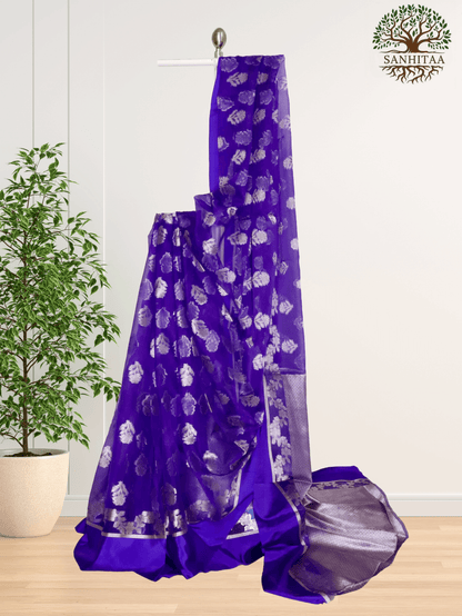 Royal Blue with Silver Motifs Chiffon Benarasi