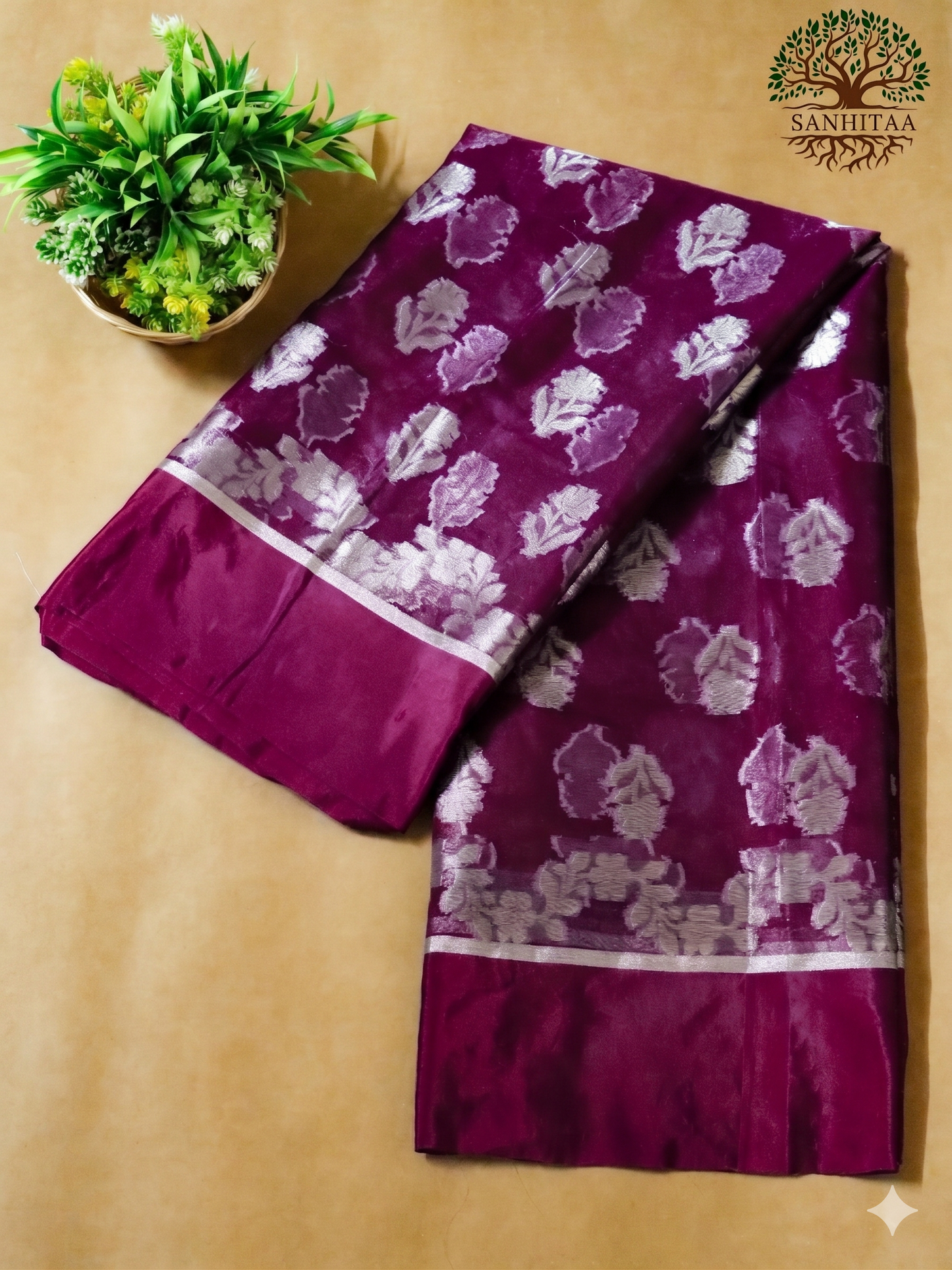Wine colour Saree with Silver & Golden Motifs Benarasi Chiffon