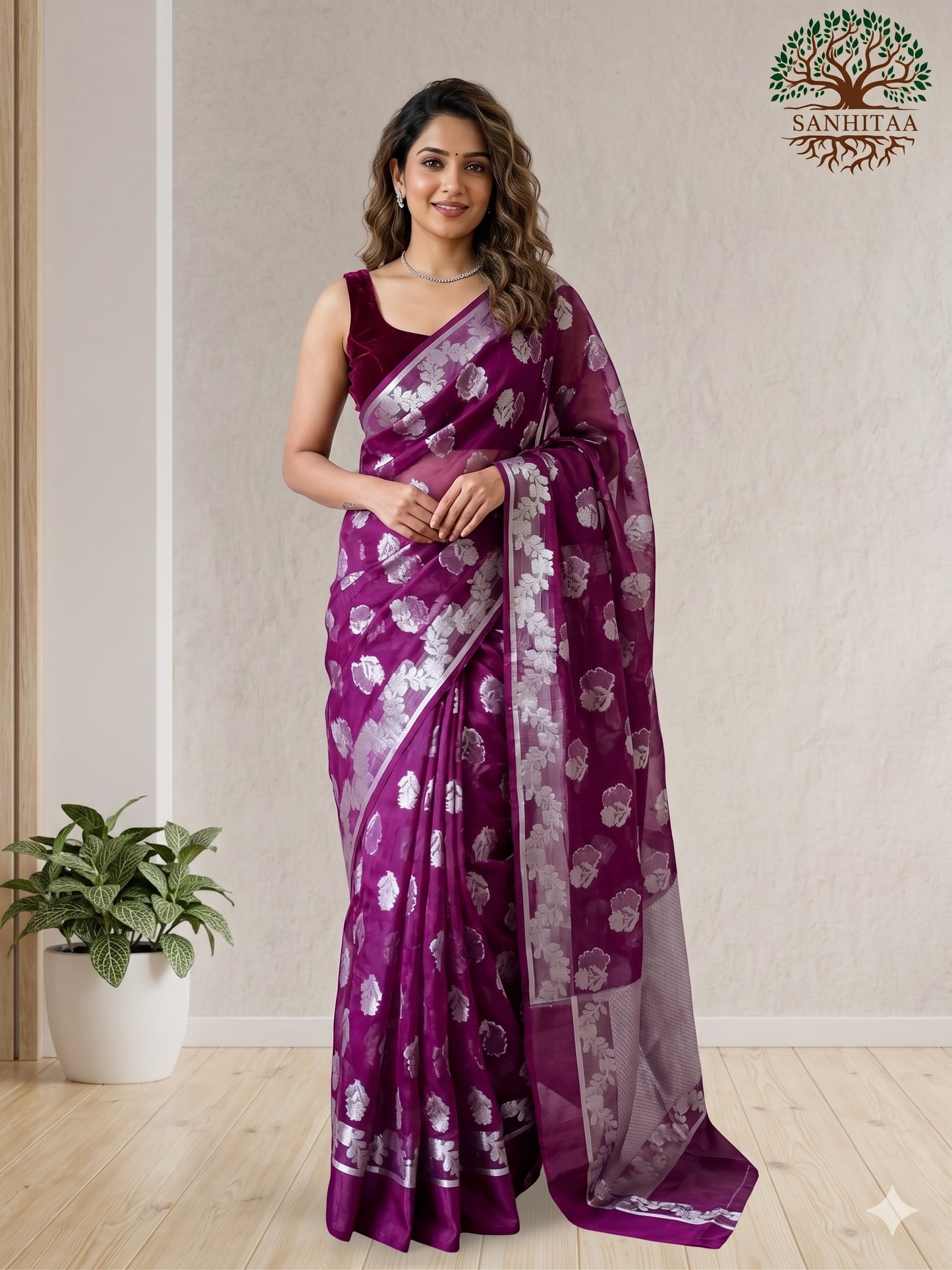 Wine colour Saree with Silver & Golden Motifs Benarasi Chiffon