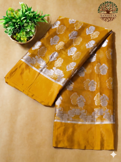 Mustard Yellow with Silver & Golden Motifs  Benarasi Chiffon