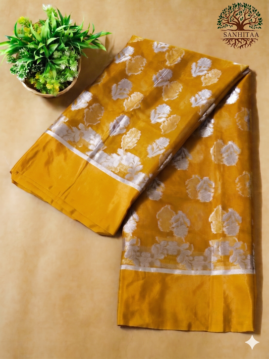 Mustard Yellow with Silver & Golden Motifs  Benarasi Chiffon