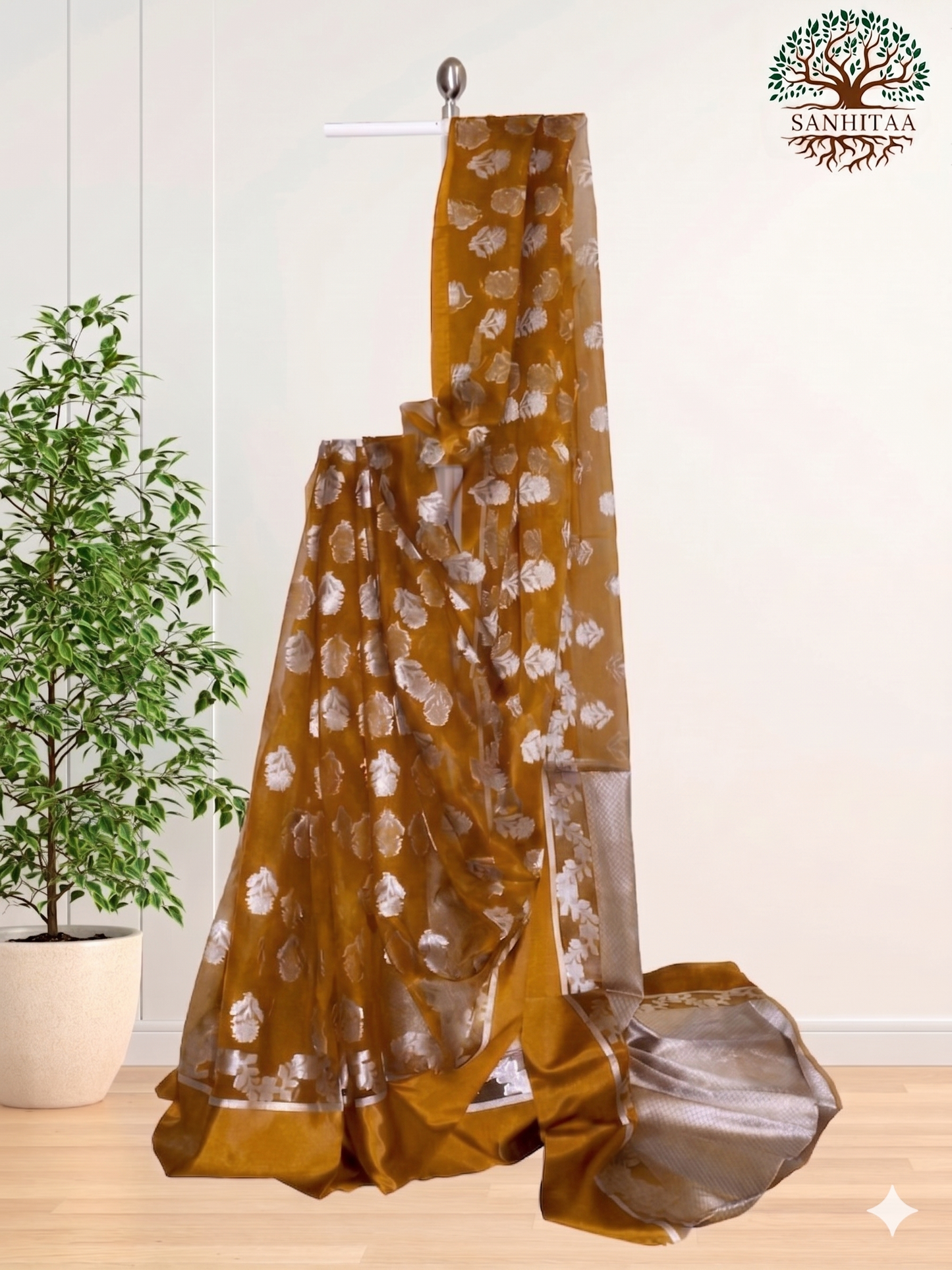 Mustard Yellow with Silver & Golden Motifs  Benarasi Chiffon