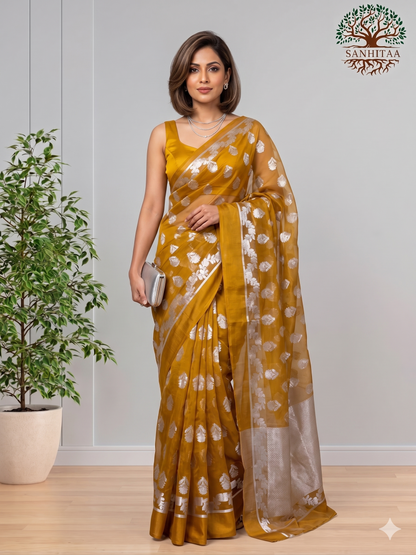 Mustard Yellow with Silver & Golden Motifs  Benarasi Chiffon