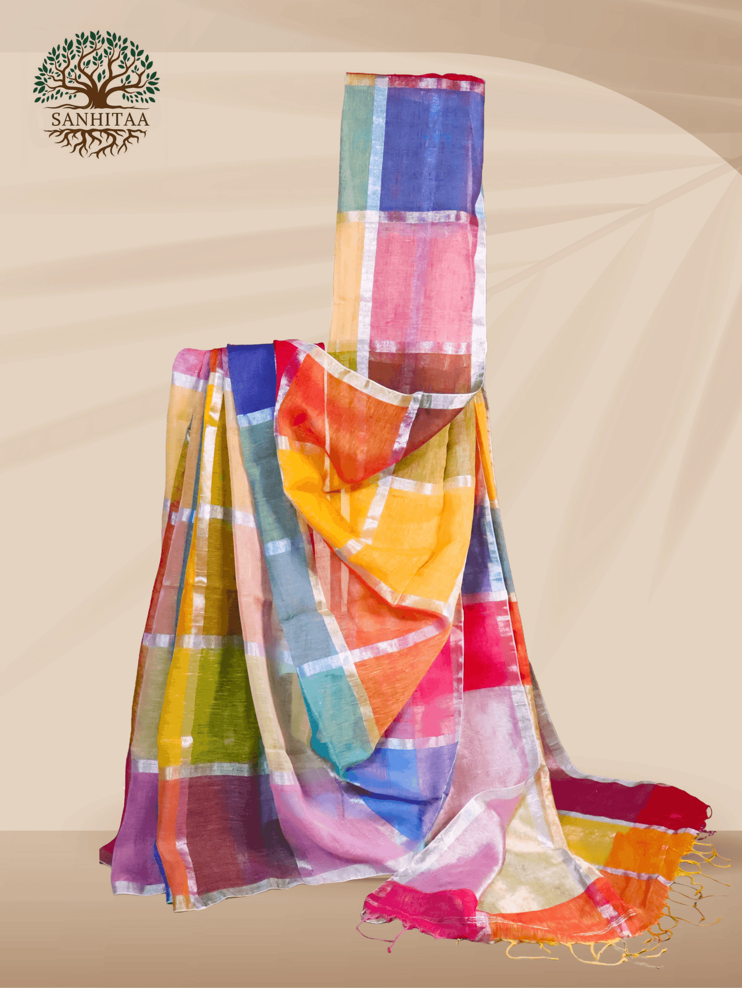 Liva Linen Multi coloured checks Saree