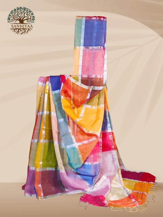Liva Linen Multi coloured checks Saree