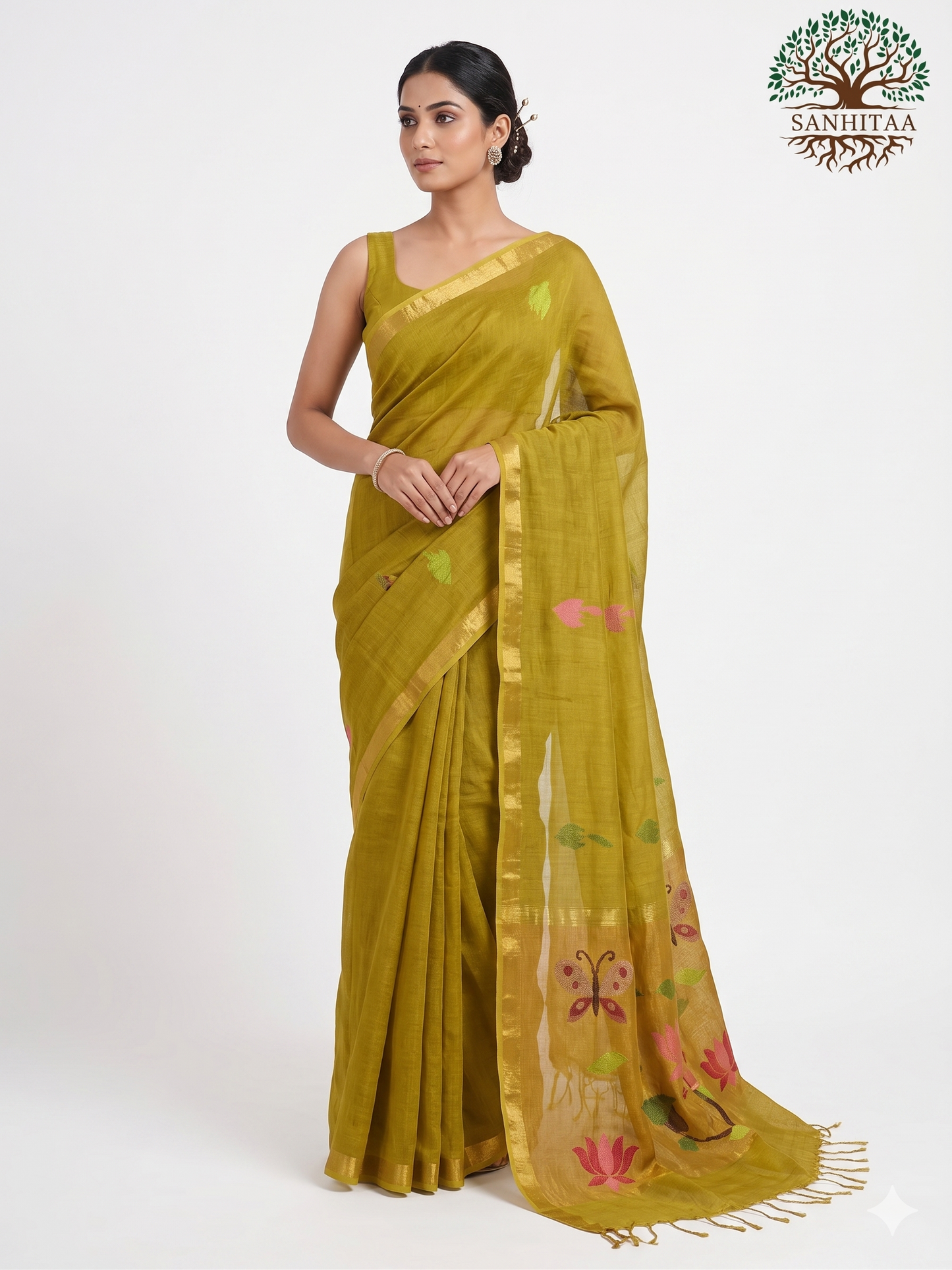 Olive Silk Linen Paithani