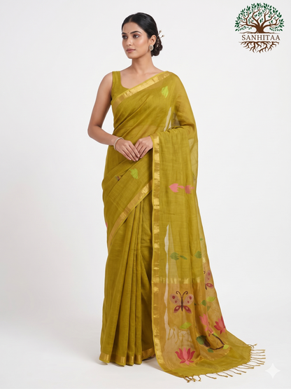 Olive Silk Linen Paithani