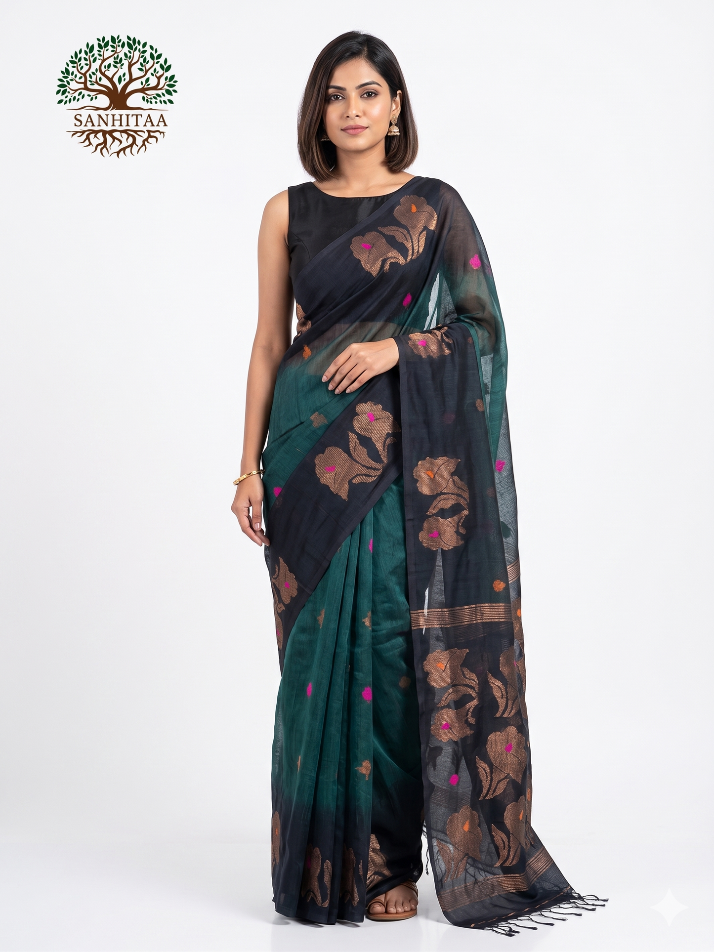 Dark Green Linen Ikkat