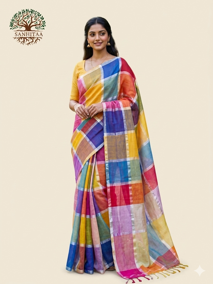 Liva Linen Multi coloured checks Saree