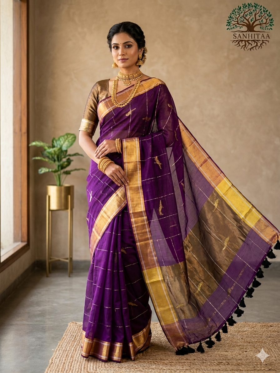 deep purple saree with gold zari work Parrot Motifs all over