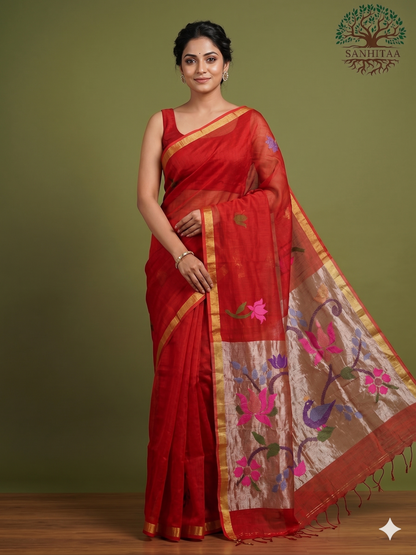 Rust Red Linen by Linen Paithani