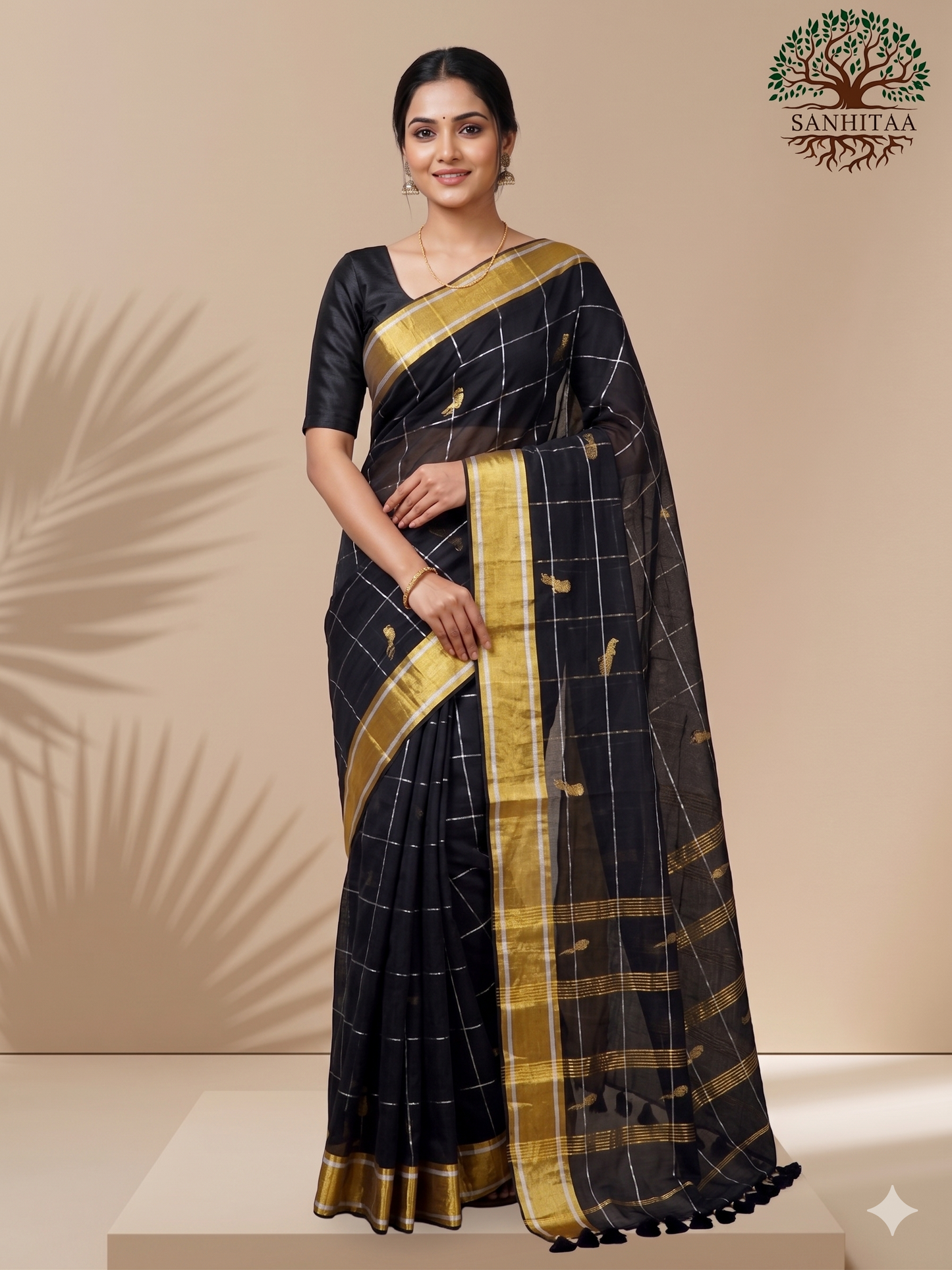 deep Black saree with gold zari work Parrot Motifs all over